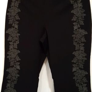 New York & Company Black Leggings with Gray Floral Side Embroidery